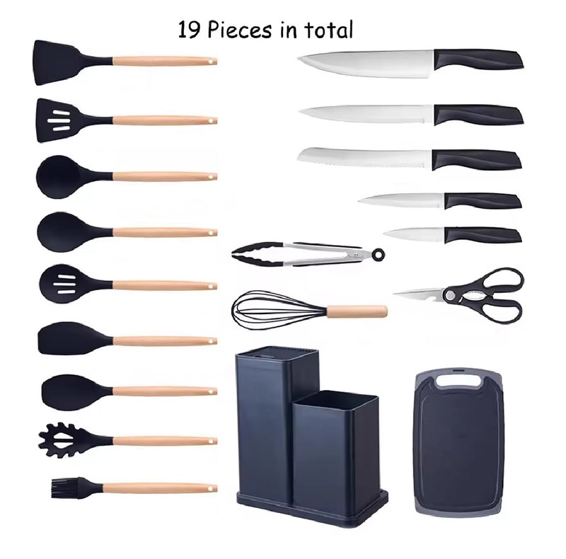 SET DE CUCHILLOS KIT 19 PIEZAS DE SILICONA MADERA, PLÁSTICO, ACERO INOXIDABLEDE