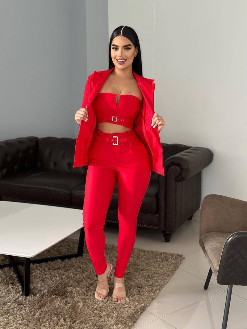 CONJUNTO 3 PIEZAS: PANTALÓN, CHAQUETA Y BLUSA/ TELA: BENGALINA LICRADA
