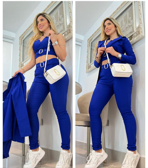CONJUNTO 3 PIEZAS: PANTALÓN, CHAQUETA Y BLUSA/ TELA: BENGALINA LICRADA