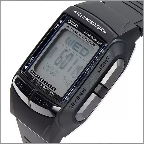 RELOJ CASIO PARA HOMBRE ILUMINATOR DB-36 1AV DATA BANK DIGITAL CON CORREA NEGRA, BISEL NEGRO Y FONDO POSITIVO.