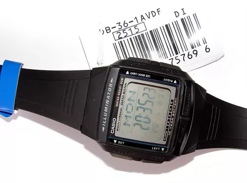 RELOJ CASIO PARA HOMBRE ILUMINATOR DB-36 1AV DATA BANK DIGITAL CON CORREA NEGRA, BISEL NEGRO Y FONDO POSITIVO.
