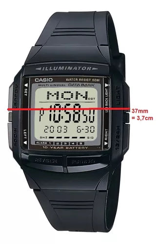 RELOJ CASIO PARA HOMBRE ILUMINATOR DB-36 1AV DATA BANK DIGITAL CON CORREA NEGRA, BISEL NEGRO Y FONDO POSITIVO.