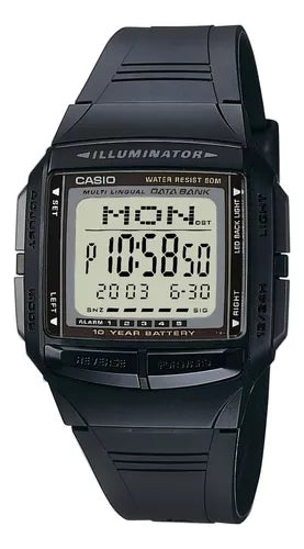 RELOJ CASIO PARA HOMBRE ILUMINATOR DB-36 1AV DATA BANK DIGITAL CON CORREA NEGRA, BISEL NEGRO Y FONDO POSITIVO.